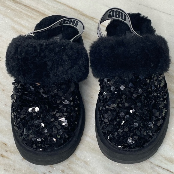 UGG slippers kids sequin Funkette chunky sz 1 black elastic strap - Picture 1 of 5